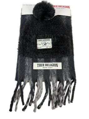True Religion Black Beanie Hat Scarf Set Fringe Fuzzy Knit One Size Logo Patch